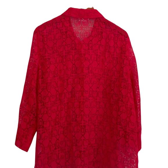 Alfred Dunner Semi-Sheer Red Button Down Blouse, 3/4 Sleeve, Anchors, Cruise L - Picture 2 of 14